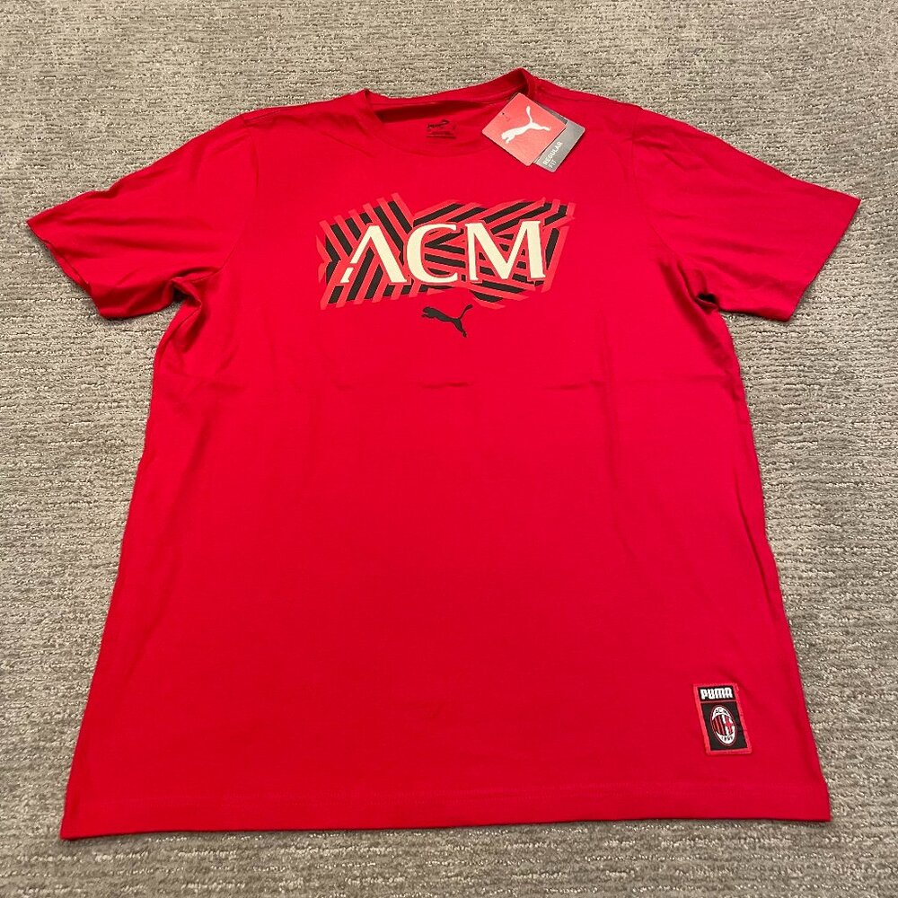 AC Milan Shirt Mens Medium Red Black Football Club Tee Cotton Soccer Casual Puma